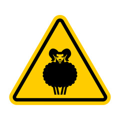 Attention Ram. Yellow road sign. Caution Sheep