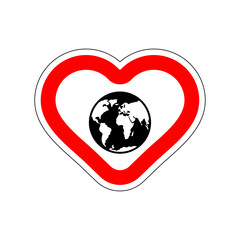I love earth. I like to planet earth. Red road sign in shape of heart. Symbol of love on road