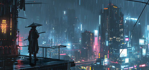 anime style character observing futuristic city from above - obrazy, fototapety, plakaty