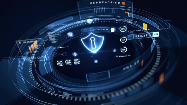 Digital cybersecurity interface with a protective shield icon,