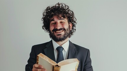 Smiling Man in Suit Reading Book A Monthly Event for Book Lovers Generative AI - obrazy, fototapety, plakaty