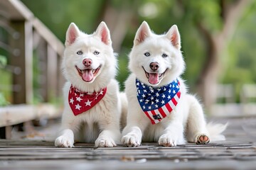 July 4th Celebration Two Adorable White Dogs Wearing Bandanas and Bows Generative AI