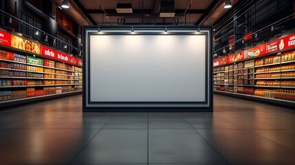 Blank billboard in the interior of the supermarket. 3d rendering - obrazy, fototapety, plakaty