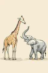 giraffe and elephant as competitors, art poster, muted color palette, minimalism