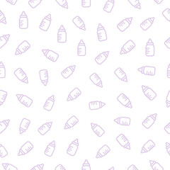 Seamless pattern with purple baby bottles