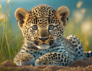 A close up of a baby leopard laying on a dirt ground with grass in the back ground