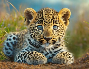 A close up of a baby leopard laying on a dirt ground with grass in the back ground