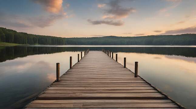 View of wooden pier over lake against cloudy sky. generative.ai
