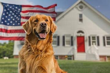Golden Retriever with American Flag in the Background Generative AI