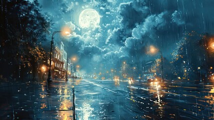 serene rain sky backdrop, bathed in the cool and calming light of moonlit clouds, portraying the beauty of a reflective and peaceful urban rainfall