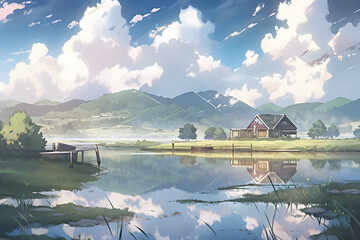 House on Green Grass with Surrounding Lake and Cloudy Sky Landscape. Beautiful Scenery of Peaceful Village. An Anime Landscape Illustration