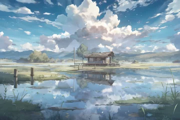 Foto auf Acrylglas House on Green Grass with Surrounding Lake and Cloudy Sky Landscape. Beautiful Scenery of Peaceful Village. An Anime Landscape Illustration © Resdika