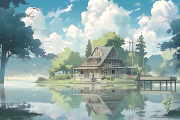Ingelijste posters House on Green Grass with Surrounding Lake and Cloudy Sky Landscape. Beautiful Scenery of Peaceful Village. An Anime Landscape Illustration © Resdika