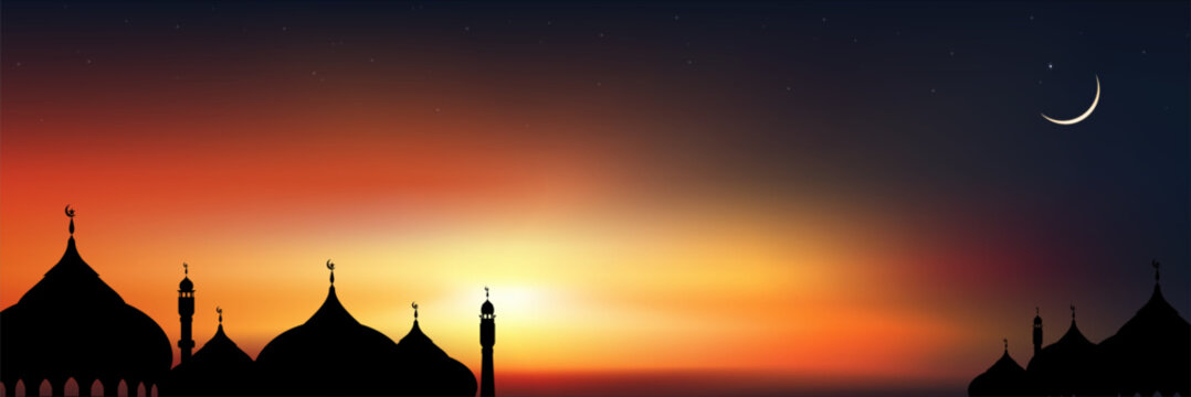 Islamic Background,Dome Mosques,Crescent Moon,Starry on Dark Blue Sky Background,Vetor symbol islamic religion with twilight sky,Banner Eid al Adha,Eid al fitr,Mubarak,New year Muharram,Ramadan Kareem