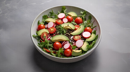 Top view of fresh salad with fresh vegetables - tomatoes, arugula, avocado, radish and seeds in a round bowl. Plate on marble table. generative.ai