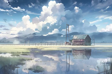 Tuinposter House on Green Grass with Surrounding Lake and Cloudy Sky Landscape. Beautiful Scenery of Peaceful Village. An Anime Landscape Illustration © Resdika