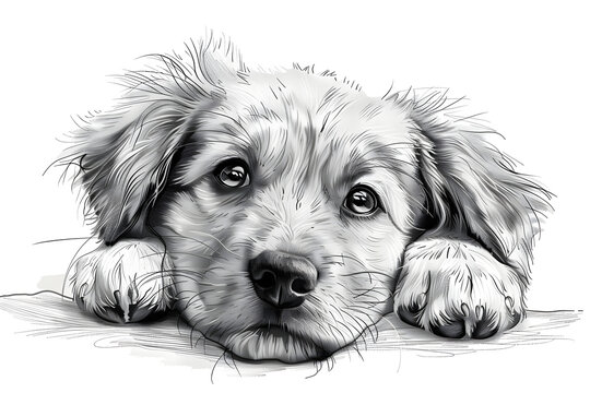 A Cute Puppy. Black And White Ink Illustration. Generative AI