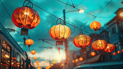 City wide angle, blue sky, no clouds, subway passing, happy, a few lanterns hanging in the sky, bright colors, warm tones