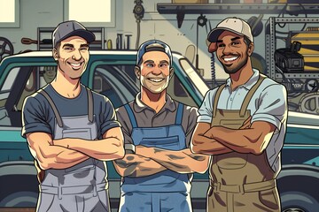 Meet the Mechanics A Cartoon of Three Men in Overalls Generative AI