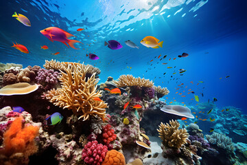 Naklejka na ściany i meble Illuminated Underwater World - A Vivid Rendezvous of Marine Life and Coral Architecture in HD