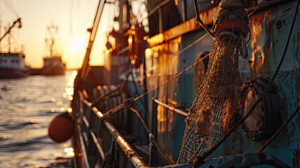 wide angle a part of fishing boat in a harbor at sunset warm color shadow