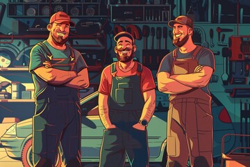 Meet the Mechanics A Cartoon of Three Men Standing in a Garage Generative AI - obrazy, fototapety, plakaty
