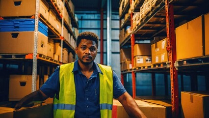 Warehouse Worker collects cardboard Boxes and Parcels on the Shelf - obrazy, fototapety, plakaty
