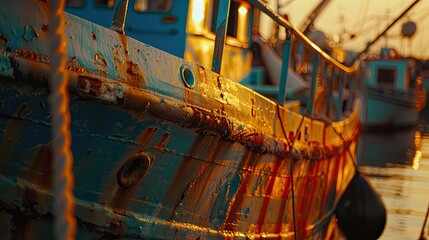 wide angle a part of fishing boat in a harbor at sunset warm color shadow.Photo realistic. atmospheric colors, hyper fine details