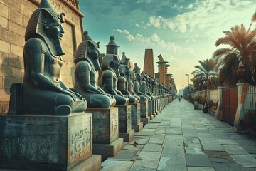 Avenue of Egyptian Pharaohs - Statues of Egyptian gods line a street in ancient Egypt including Amon, Anubis, Hathor, Horus, Maat, and Ra. - obrazy, fototapety, plakaty