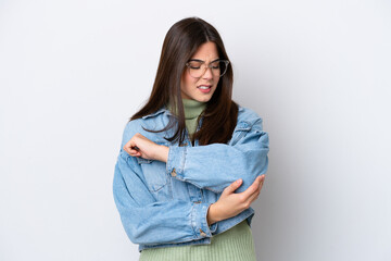 Young Brazilian woman isolated on white background with pain in elbow