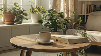 Fototapeta na wymiar a cup of helf drank coffee placed on the center of coffee table, warm cup feelings , wood coffee table , opened book, small green plants