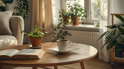 a cup of helf drank coffee placed on the center of coffee table, warm cup feelings , wood coffee...