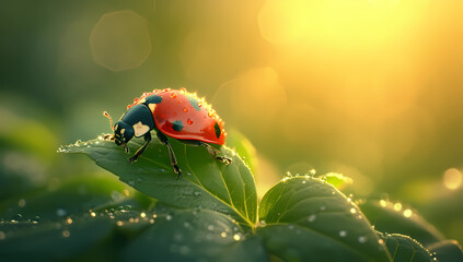 An arthropod in striking red, a ladybug basks in the warm sun on a leaf, showcasing its intricate beauty in this stunning macro photograph