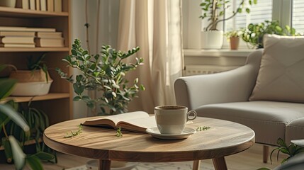 a cup of helf drank coffee placed on the center of coffee table, warm cup feelings , wood coffee table , opened book, small green plants