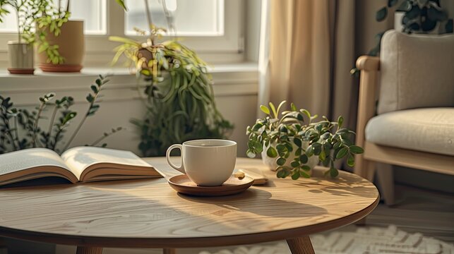 a cup of helf drank coffee placed on the center of coffee table, warm cup feelings , wood coffee table , opened book, small green plants