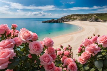 a sandy beach full of pink roses - obrazy, fototapety, plakaty