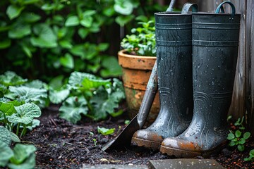 Close up of watering can, shovel and rain boots in garden