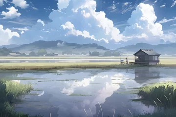 Gordijnen House on Green Grass with Surrounding Lake and Cloudy Sky Landscape. Beautiful Scenery of Peaceful Village. An Anime Landscape Illustration © Resdika