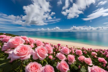 a sandy beach full of pink roses
