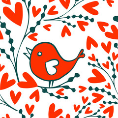 Hearts with birds seamless pattern. Romantic seamless background. hand drawing. Not AI. Happy Valentine's Day. Vector illustration.