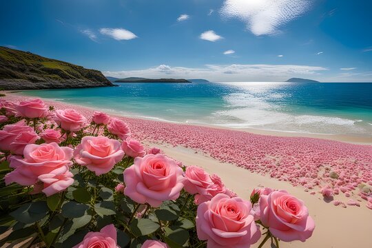 a sandy beach full of pink roses