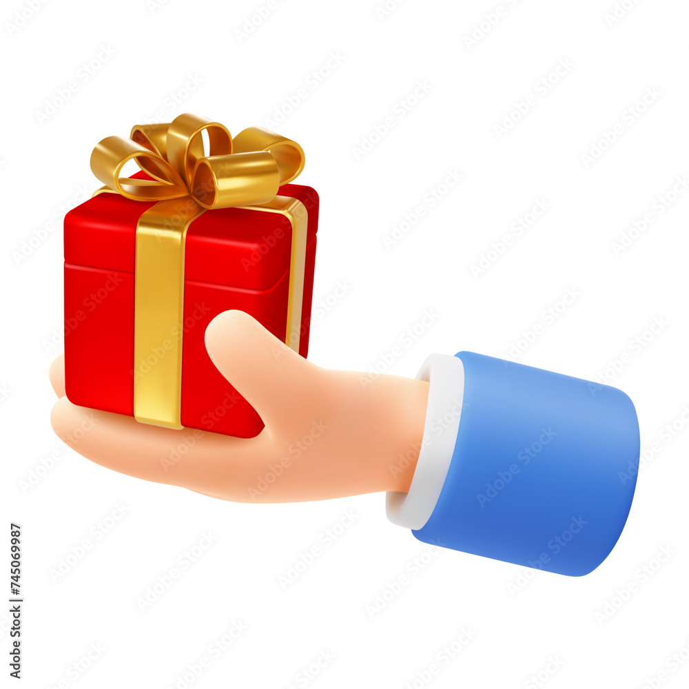 Wall mural Cute cartoon hand holding or giving red gift box with golden bow. 3d realistic icon, isolated on white background. Business concept of win, success, surprise, achievement or award. Vector illustration - Wall murals
