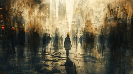 Depict a lone wanderer in a crowded street, where their gaze pierces through the chaos to reveal a hidden sadness