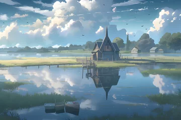 Fotobehang House on Green Grass with Surrounding Lake and Cloudy Sky Landscape. Beautiful Scenery of Peaceful Village. An Anime Landscape Illustration © Resdika