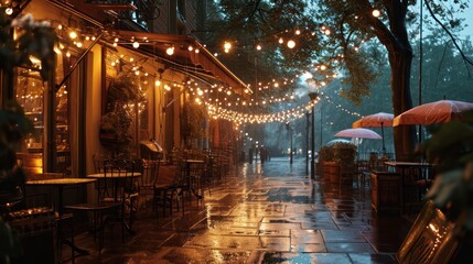 Fototapeta na wymiar serene rain sky composition, illuminated by the warm and inviting glow of cafe lights, creating a cozy and comforting ambiance during rainfall