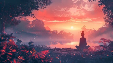 Illustrate a mindfulness meditation session, where every breath brings deeper relaxation and clarity - obrazy, fototapety, plakaty