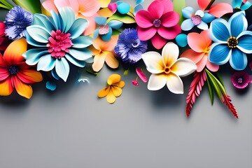 a college of different colorful flowers on a light grey background with some space left for writing 