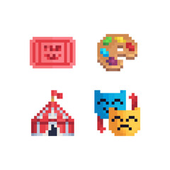 Carnival masks, circus, palette, ticket, pixel art icons set. Flat style. 8-bit. Design for logo, sticker, mobile app. Game assets. Isolated abstract vector illustration.