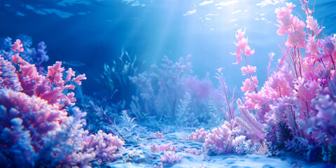 Naklejka na ściany i meble Underwater World. Marine Life. Fish And Colorful Coral Reefs. Beautiful Under The Sea Wallpaper. Ai Generated 