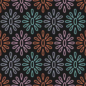 Seamless pattern with colorful abstract outline flowers